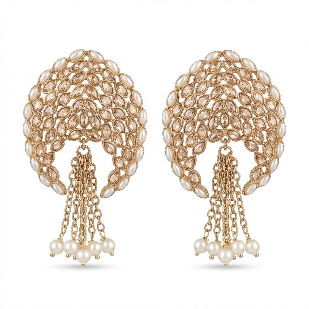 Gold Plated Statement Tassel Earrings with Pearls & Marquise Stones