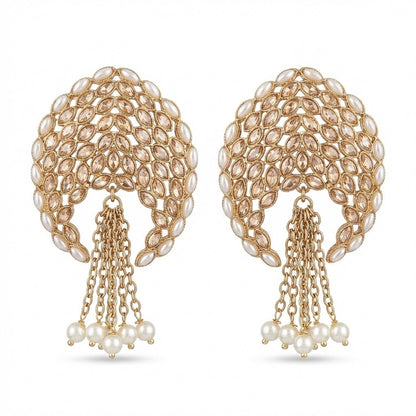 Gold Plated Statement Tassel Earrings with Pearls & Marquise Stones