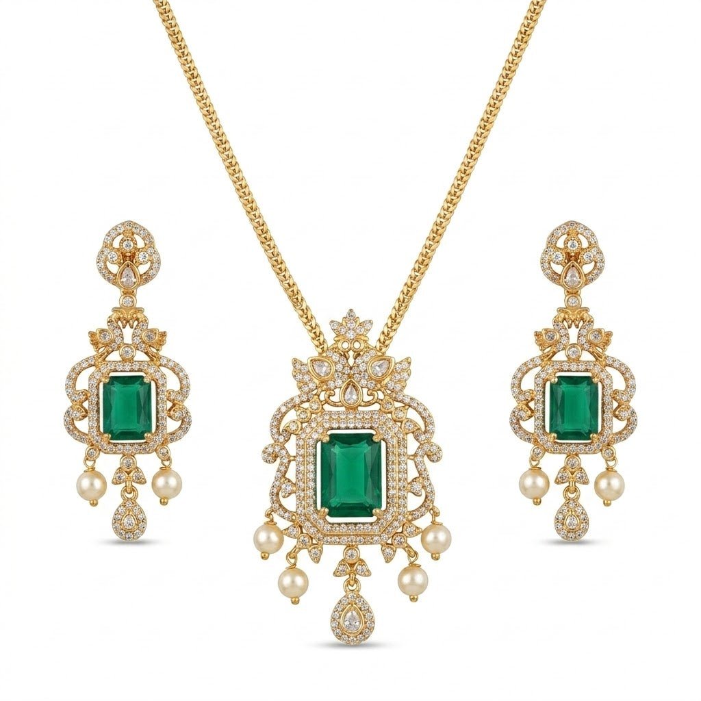 Regal Jadau Kundan Necklace Set with Rectangular Gemstones & Pearl Drops - Riwaaj