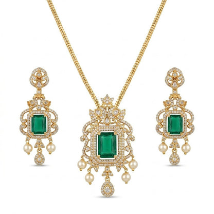 Regal Jadau Kundan Necklace Set with Rectangular Gemstones & Pearl Drops - Riwaaj