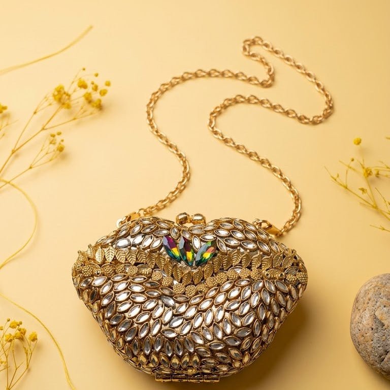 Kundan Floral Clutch – Bridal Evening Bag with Chain - Riwaaj