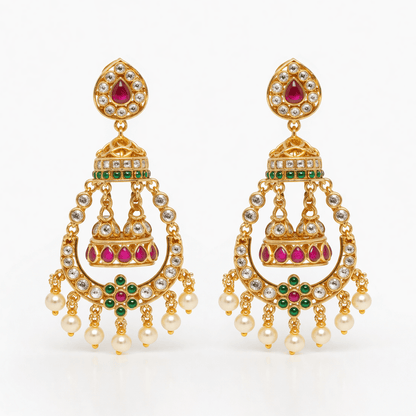 Zara Bridal Jhumka Earrings – Antique Gold Kundan with Pearl Drops - Riwaaj