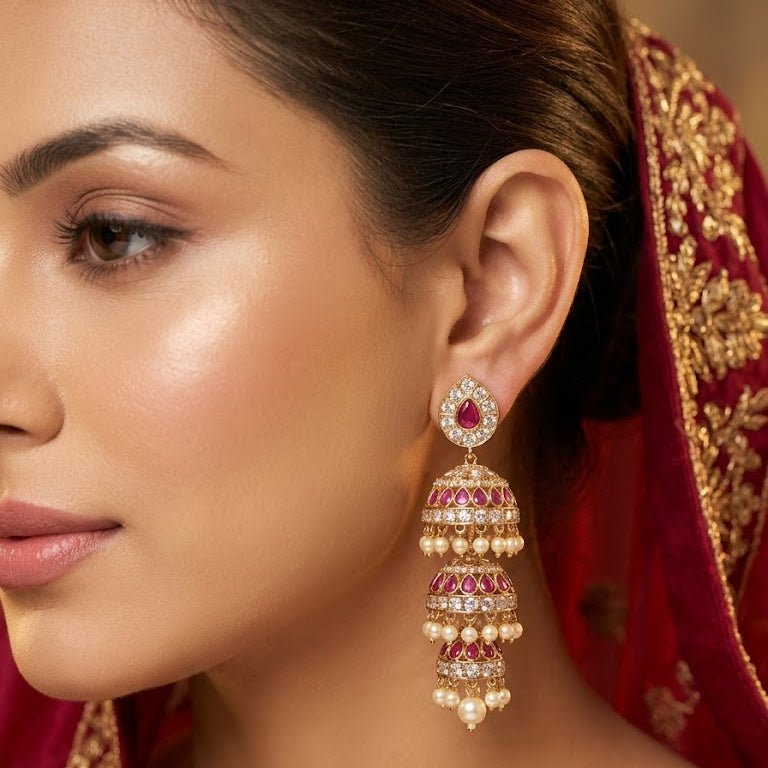 Heritage Three - Bell Jhumka Earrings – Gold Kundan, Emerald & Ruby - Riwaaj