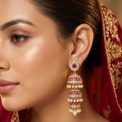 Heritage Three - Bell Jhumka Earrings – Gold Kundan, Emerald & Ruby - Riwaaj