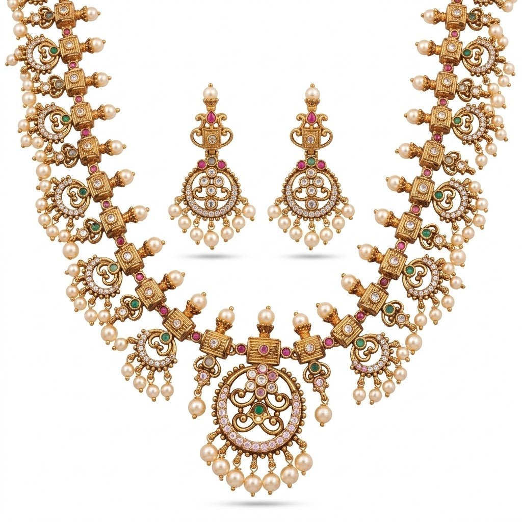 Haram Necklace & Earrings Set | Kundan Long Necklace - Riwaaj