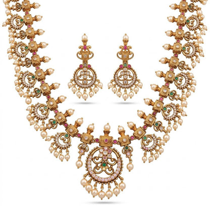 Haram Necklace & Earrings Set | Kundan Long Necklace - Riwaaj