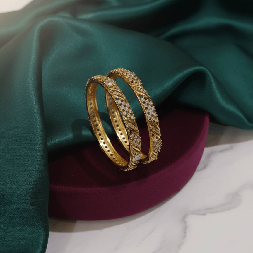Naureen Shimmer Zirconia Bangles - 22K Gold Plated Diamond - Cut Bracelets - Riwaaj