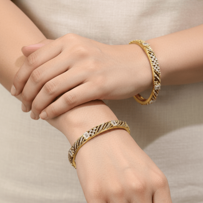 Naureen Shimmer Zirconia Bangles - 22K Gold Plated Diamond - Cut Bracelets - Riwaaj