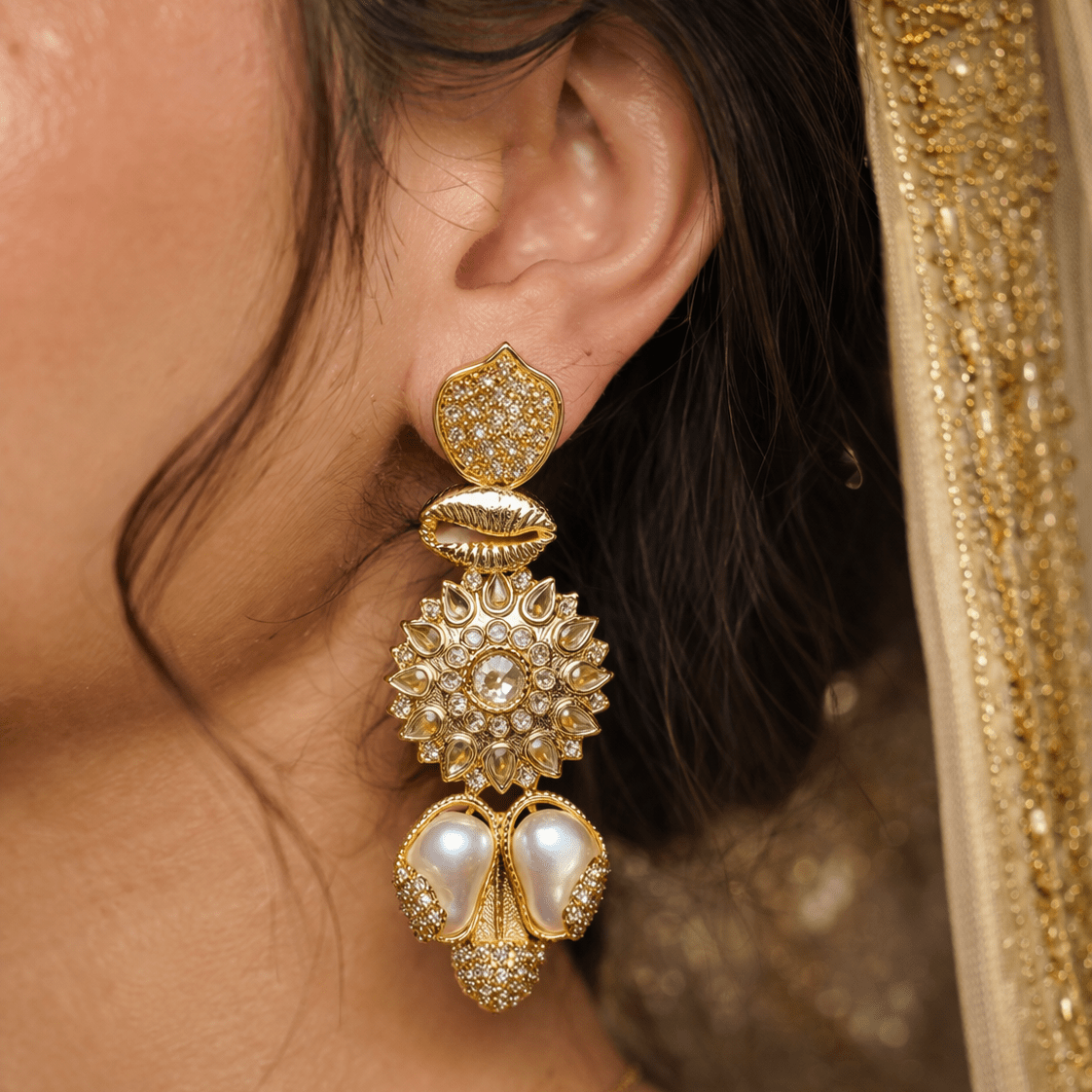 Sahiba Mandala Drop Earrings – 22K Gold Kundan with Pearl Drops - Riwaaj