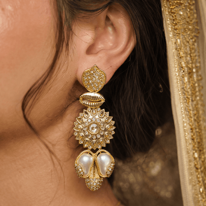 Sahiba Mandala Drop Earrings – 22K Gold Kundan with Pearl Drops - Riwaaj