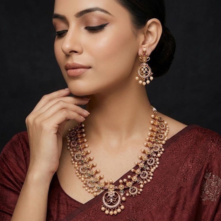Antique Gold - Plated Pearl Necklace Set - Riwaaj