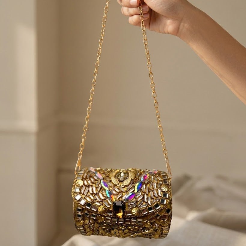 Kundan Gold Floral Clutch – Bridal Evening Bag with Chain - Riwaaj