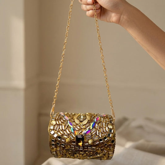 Kundan Gold Floral Clutch – Bridal Evening Bag with Chain