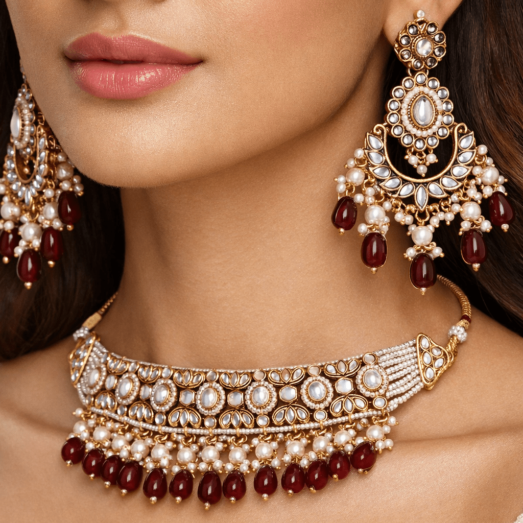 Radiant Mirror - Work Kundan Jewelry Set - 4 Piece Gold Plated - Riwaaj
