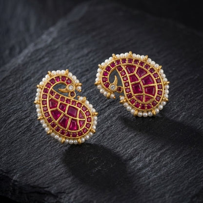 Gold Plated Paisley Drop Earrings with Ruby Pink Stones & Pearls