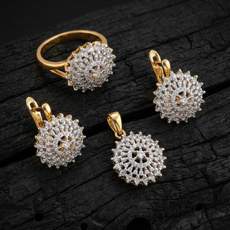 Halo Starburst Jewelry Set - 3 Piece Gold Silver Plated with Zirconia