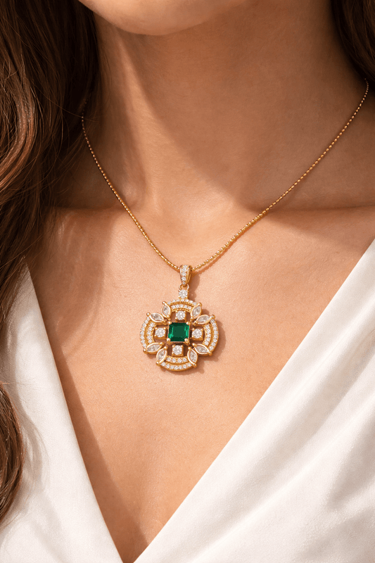 Royal Crown Halo Pendant - 22k Gold Plated with CZ Stones & Chain - Riwaaj