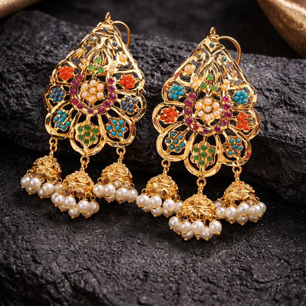 Multi Navratan Jhumka Earrings - Gold Plated with Ruby & Emerald