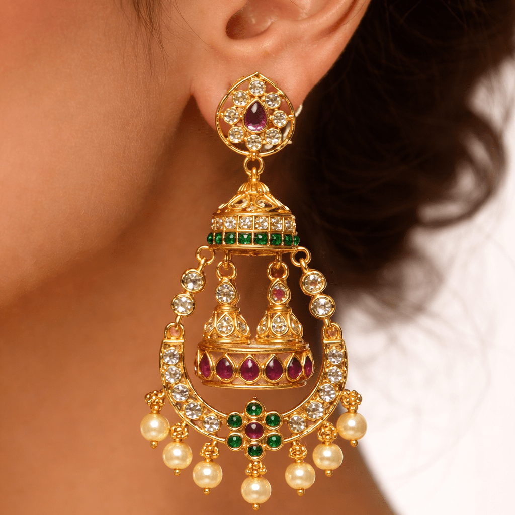 Zara Bridal Jhumka Earrings – Antique Gold Kundan with Pearl Drops - Riwaaj