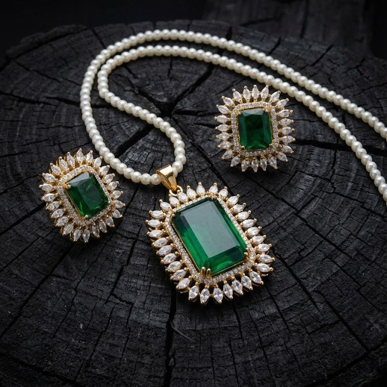 Celestial Glow Pendant Set - Rhodium Plated Zirconia Necklace & Earrings - Riwaaj