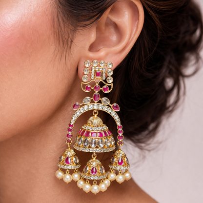 Gul-e-Noor Triple Jhumki Earrings – Gold Floral Ruby & Pearl Drops