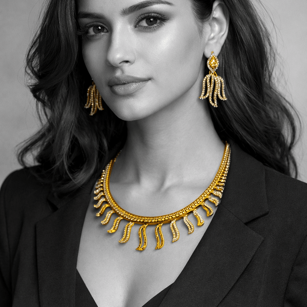Modern Fringe Collar Necklace Set - Contemporary Gold Plated Jewelry - Riwaaj