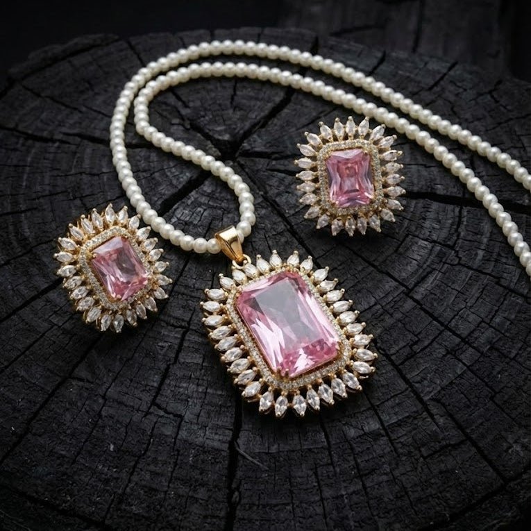 Celestial Glow Pendant Set - Rhodium Plated Zirconia Necklace & Earrings - Riwaaj