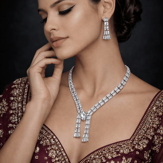 Crystal Baguette Fringe Jewelry Set - Contemporary Gold or Silver Plated - Riwaaj