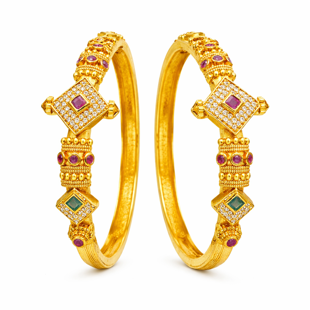 Geometric Motif Bangle Pair – 22K Gold Plated | Ruby & Emerald Stone