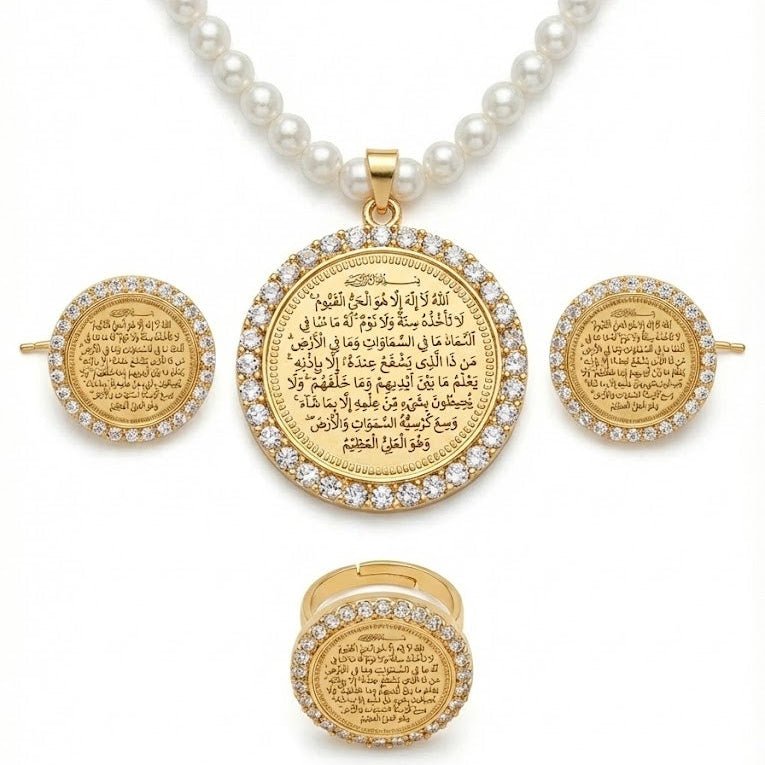 Ayat al - Kursi Locket Set – 22K Gold Plated | 3 - Piece Islamic Jewellery Set | Earrings, Pendant & Ring - Riwaaj