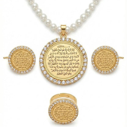 Ayat al - Kursi Locket Set – 22K Gold Plated | 3 - Piece Islamic Jewellery Set | Earrings, Pendant & Ring - Riwaaj