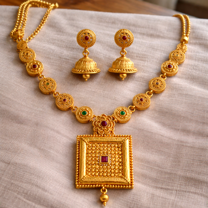 Square Pendant Necklace & Jhumki Earring Set – 22K Gold Plated | Handcrafted Stone |