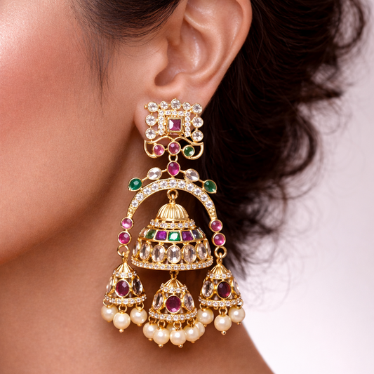 Gul-e-Noor Triple Jhumki Earrings – Gold Floral Ruby & Pearl Drops