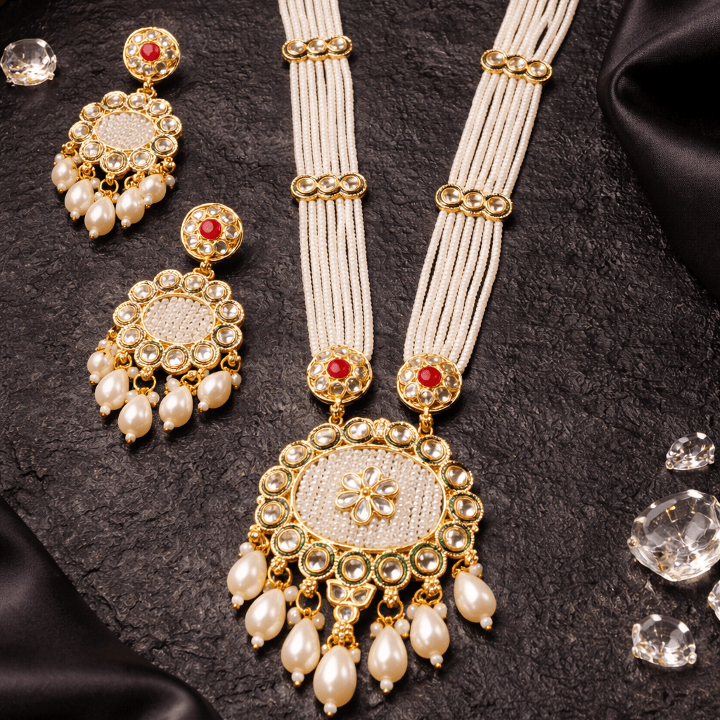 Kundan Floral Pearl Maala Necklace & Pearl Drop Earring Set – 22K Gold Plated - Riwaaj