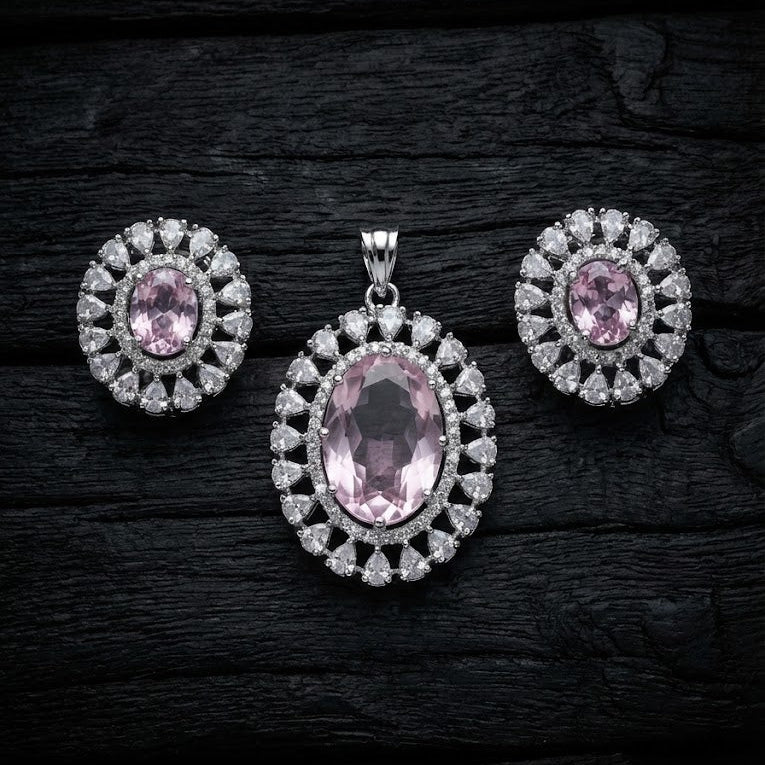 Empress Oval Pendant Set - Rhodium Plated Zirconia Necklace & Earrings - Riwaaj