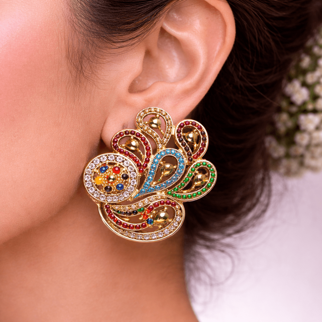 Amber Aura Paisley Earrings – Gold Pavé Statement Studs with CZ Clusters - Riwaaj