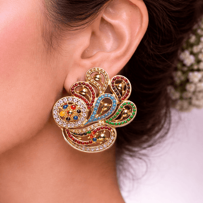 Amber Aura Paisley Earrings – Gold Pavé Statement Studs with CZ Clusters - Riwaaj