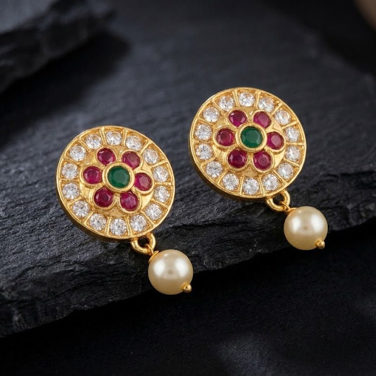 Gold Plated Floral Pearl Drop Earrings with Emerald & Ruby Stones - Riwaaj