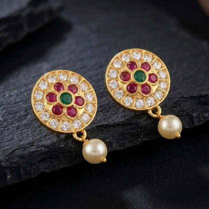 Gold Plated Floral Pearl Drop Earrings with Emerald & Ruby Stones - Riwaaj