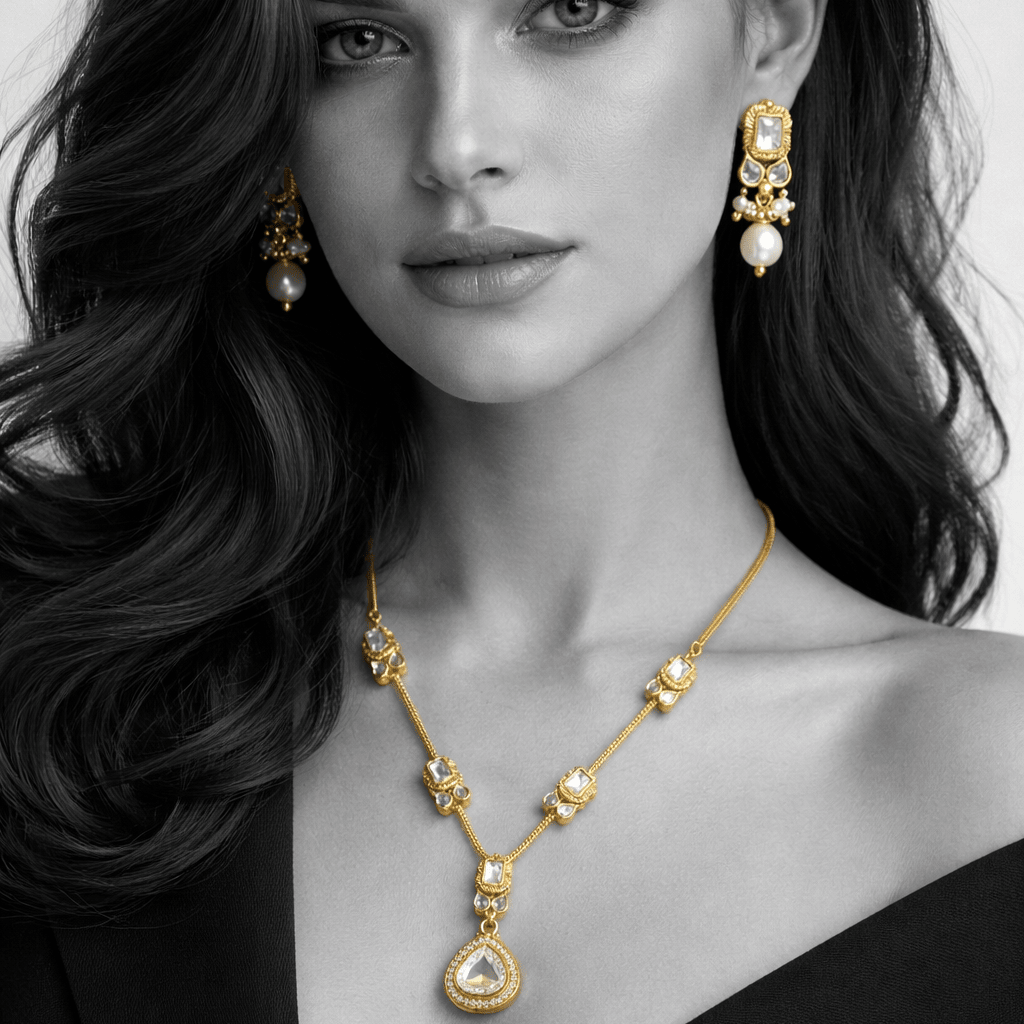 Modern Teardrop Pendant Necklace Set - Contemporary Gold Plated Jewelry - Riwaaj