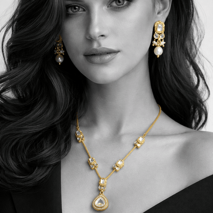 Modern Teardrop Pendant Necklace Set - Contemporary Gold Plated Jewelry - Riwaaj