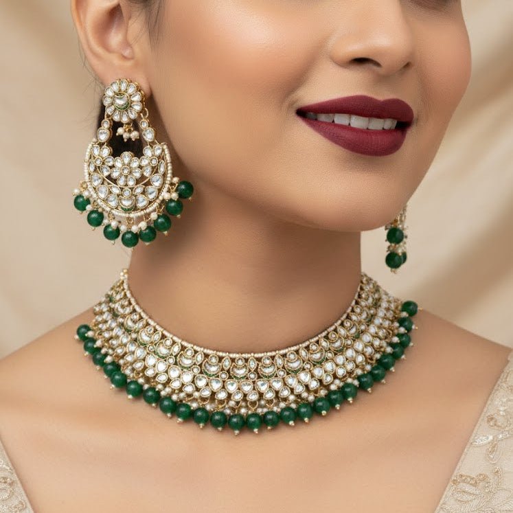 Luxury Kundan Jewelry Set - Necklace, Earrings & Teeka - Riwaaj