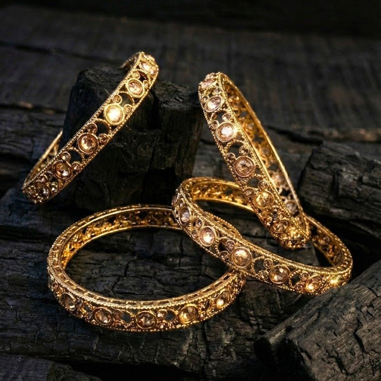 Antique Gold Plated Bangle Set - 4 Piece Vintage Style - Riwaaj