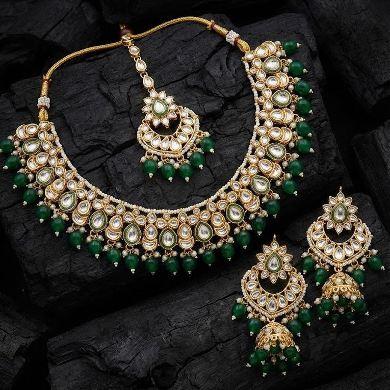 Moonlight Mirror - Work Kundan Set with Chandbali Earrings - 3 Piece Gold Plated - Riwaaj