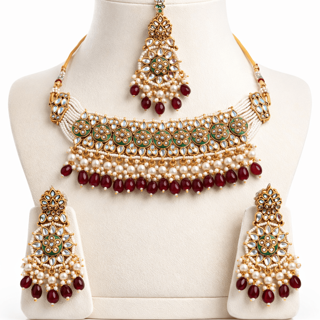 Riwayat Mirror - Work Kundan Jewelry Set - 4 Piece Gold Plated - Riwaaj