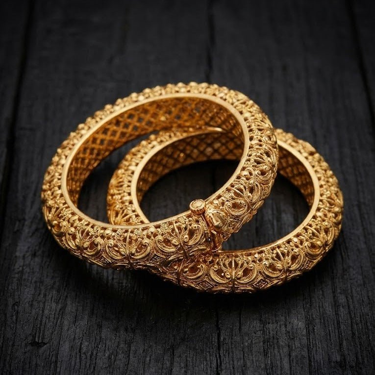 Gold Plated Hand - Carved Openable Bangle Set - 2 Piece - Riwaaj