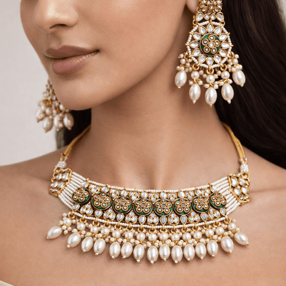 Riwayat Mirror - Work Kundan Jewelry Set - 4 Piece Gold Plated - Riwaaj