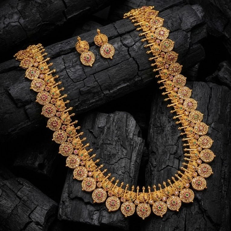 Golden Coin Medallion Necklace Set - Long Chain Temple Jewelry Gold Plated - Riwaaj