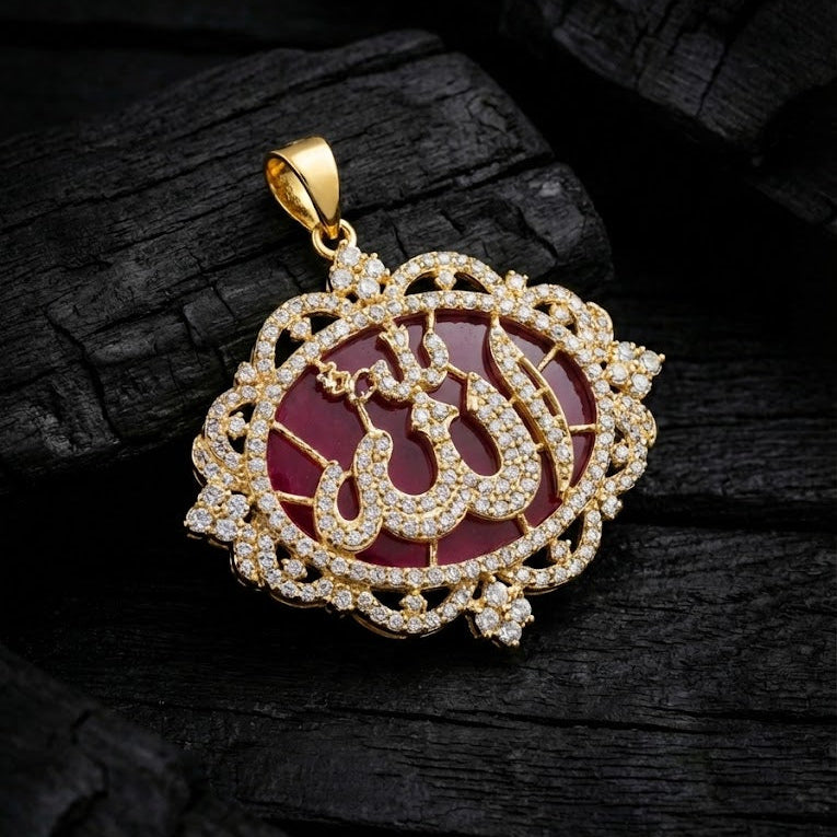 Elegant gold-plated Allah pendant with sparkling zircon stones.