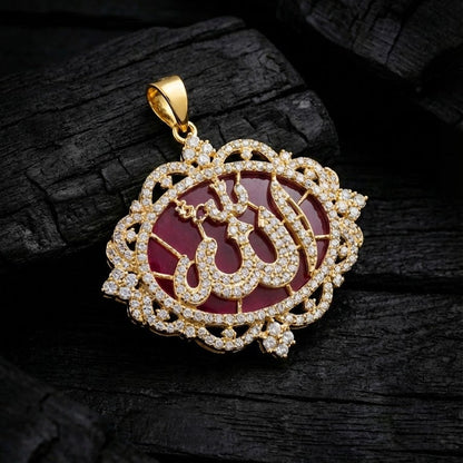 Elegant gold-plated Allah pendant with sparkling zircon stones.